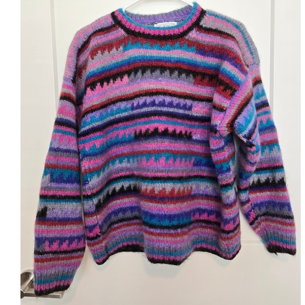 Alpaca Imports Hand Knit Nepal 100% Wool Sweater Multi Color Geometric Striped
